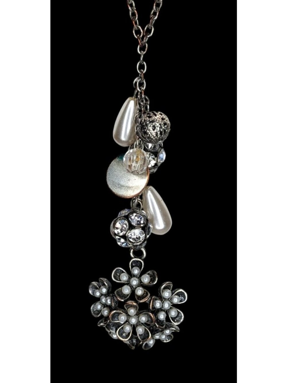 Y2K Fairycore Cluster Pendant Necklace Faux Pearls Rhinestones Flower Silver